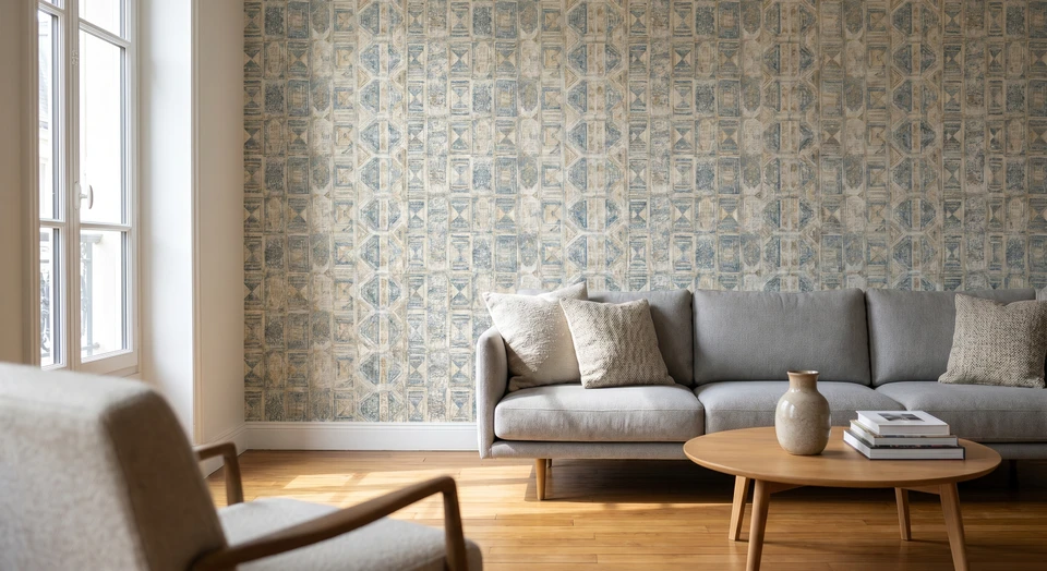 Photographie d'intérieur résidentiel moderne montrant un mur entièrement recouvert d'un papier peint ou d'une tapisserie avec un motif ou une texture distinctive (géométrique, floral, ou texturée), créant une atmosphère chaleureuse et caractéristique dans la pièce. Prise de vue de l'angle de la pièce montrant comment le revêtement transforme l'espace, avec mobilier neutre en arrière-plan pour mettre en valeur le mur revêtu.