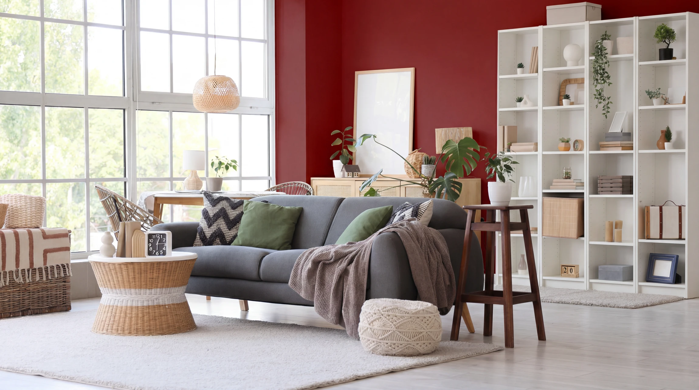Réalisez un salon élégant avec un grand canapé confortable sur fond hipster, rendu 3d