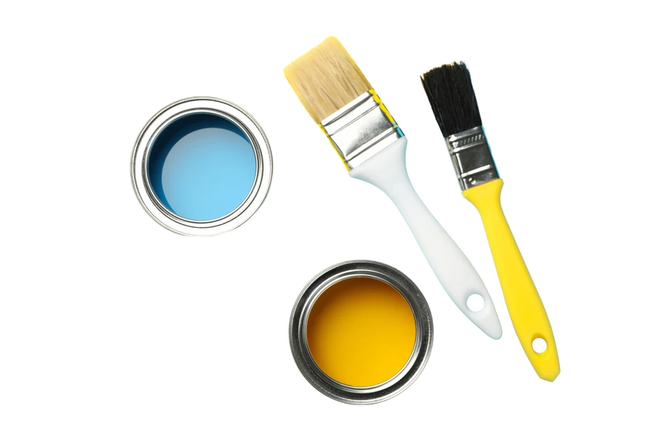 Photographie d'un artisan peintre décorateur travaillant à la rénovation d'un intérieur : en train de peindre un mur avec soin et précision, vêtu de tenue professionnelle appropriée, concentré sur son ouvrage. L'image doit montrer clairement le processus professionnel de travail (pinceau, rouleau, ou autre outil approprié en main) et transmettre le sérieux et la qualification du professionnel dans un environnement d'intérieur en rénovation.