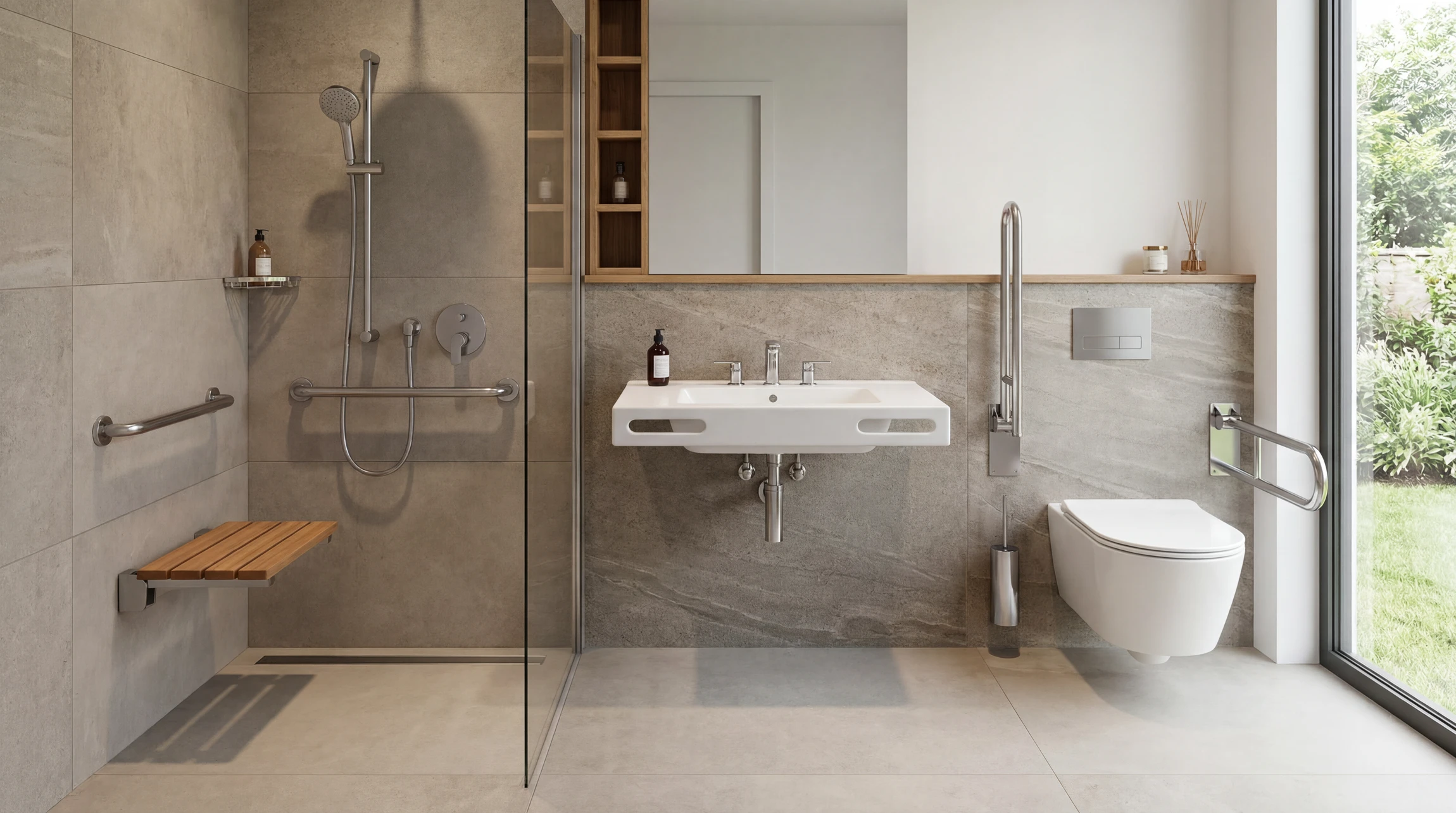Salle de bain moderne avec douche à l'italienne vitrée, carrelage métro blanc brillant en relief, receveur de douche encastré