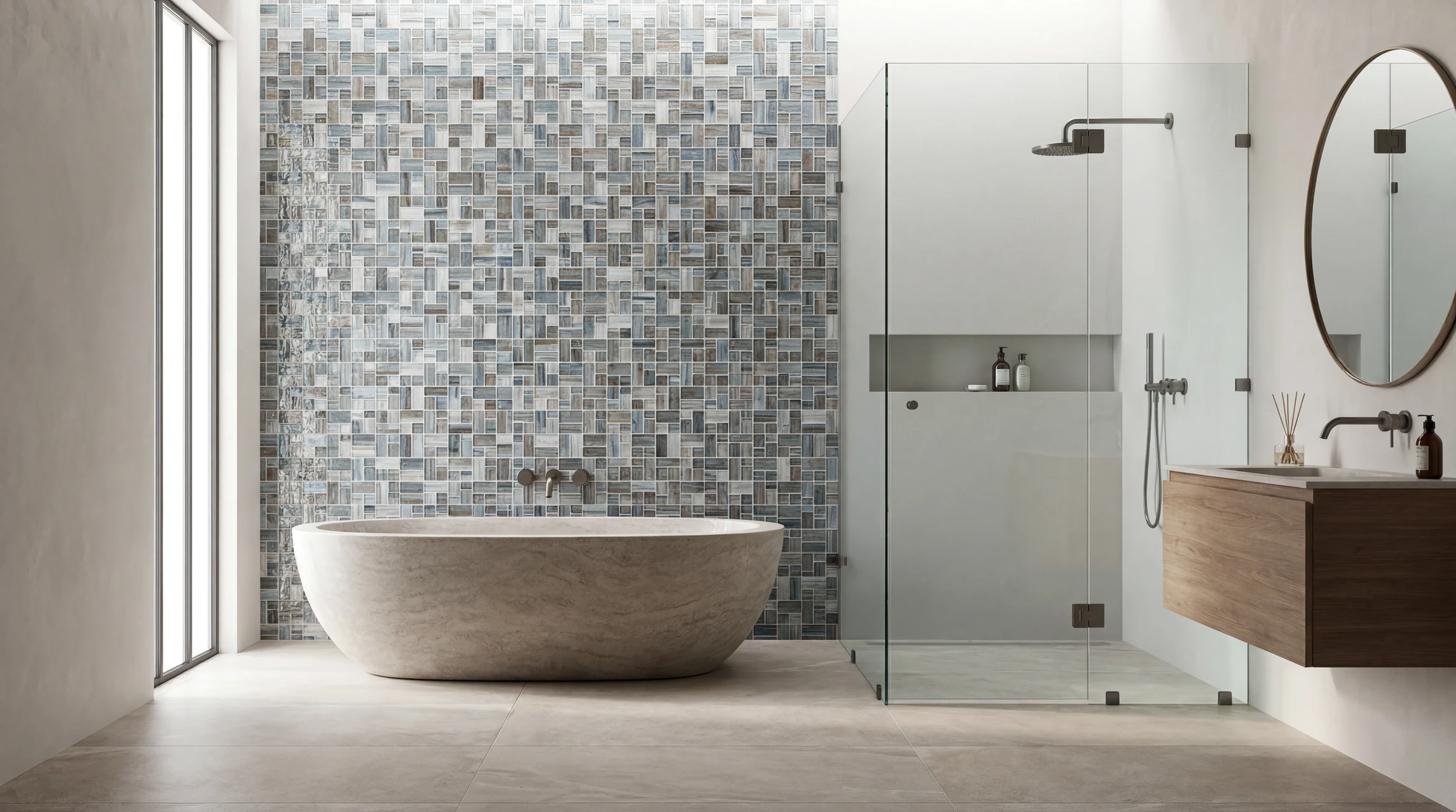 Salle de bain moderne avec douche à l'italienne, carrelage mosaïque bleu dégradé, paroi de douche noire, meuble vasque blanc avec tiroirs, miroir rectangulaire