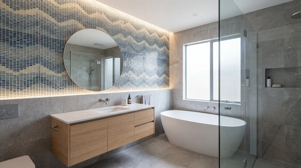 Salle de bain moderne avec douche à l'italienne vitrée, carrelage beige grand format effet marbre