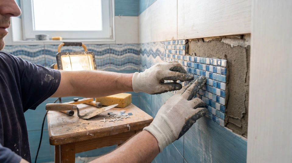 Deux ouvriers en combinaisons bleue et verte travaillent à genoux sur un chantier de rénovation intérieure, manipulant des outils de mesure près d'un mur blanc