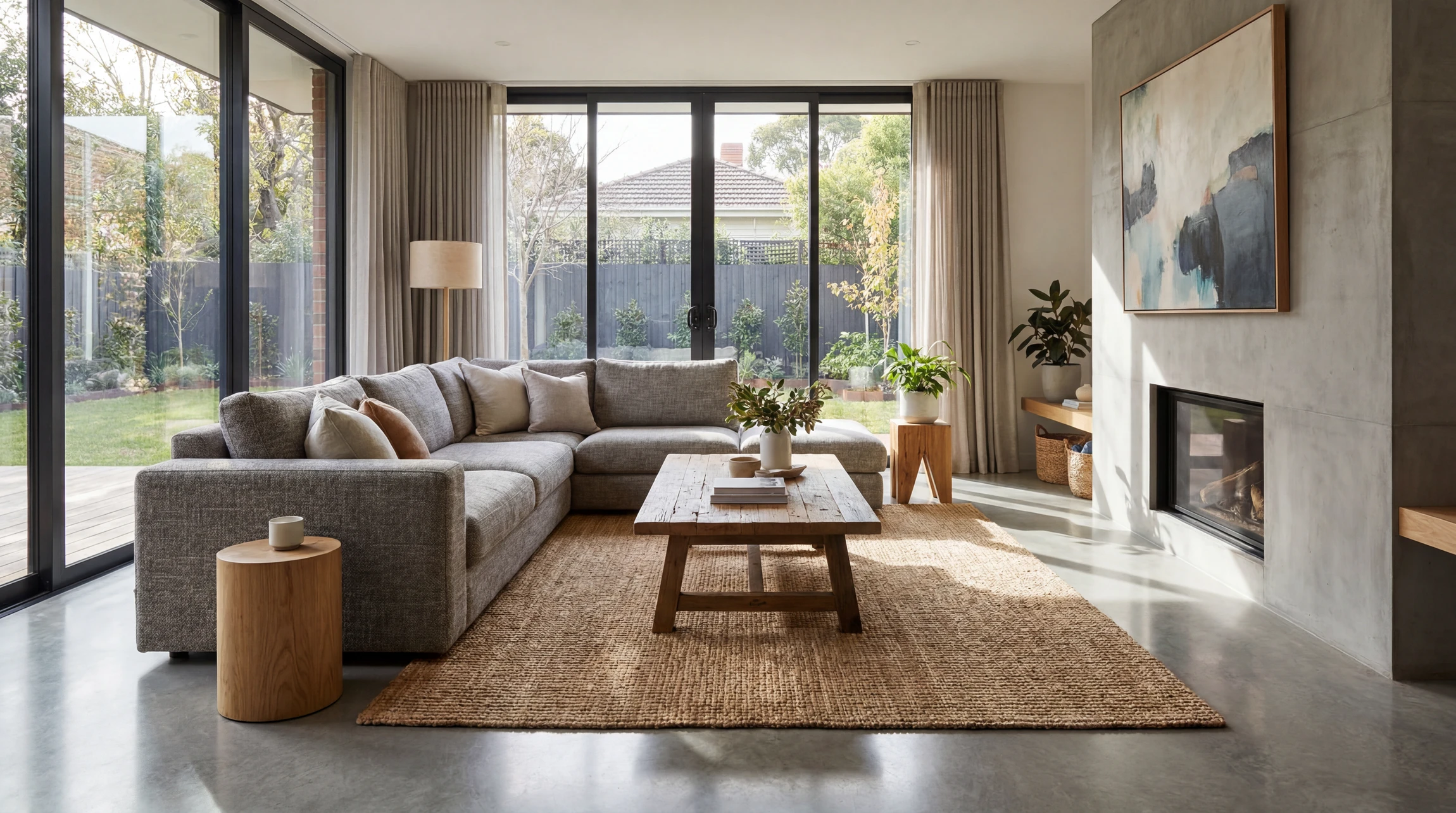 Salon moderne minimaliste avec cheminée centrale en béton brut, sol en béton ciré poli