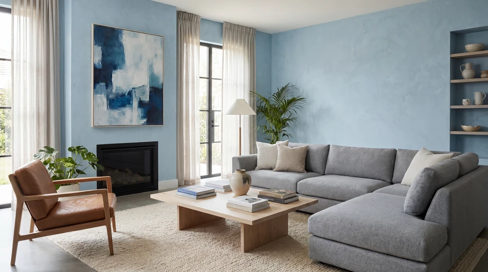 Intérieur moderne minimaliste avec mur décoratif géométrique blanc sur fond gris anthracite, sol blanc réfléchissant